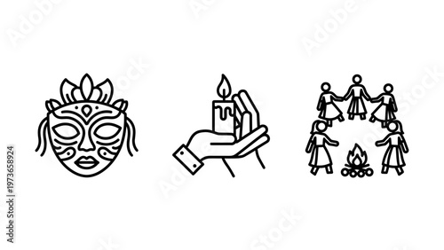 Cultural event icons including masquerade mask candle and folk dance