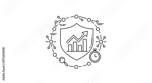 Business Growth Security Shield with Financial Chart and Stopwatch Icon