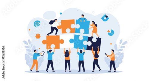 Group of diverse business professionals collaborate to assemble large interlocking puzzle pieces as a symbol of teamwork.