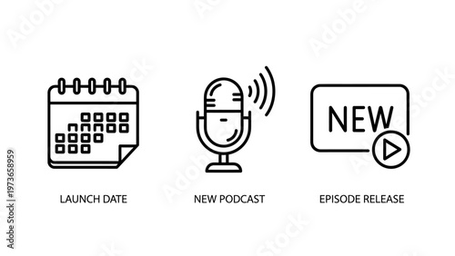 Set of minimalist icons representing podcast launch date, audio broadcast and new episode release notification