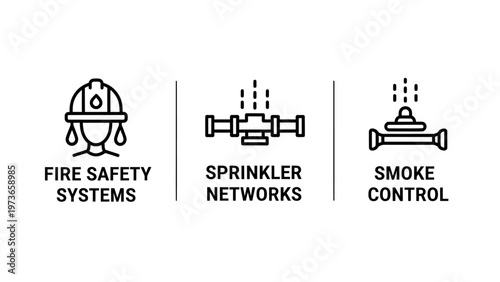 Fire safety systems icons set featuring firefighter helmet, water sprinkler network and smoke control valve symbols