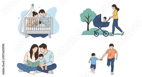 Heartwarming set of four panels illustrating different parental moments like caring for a baby, walking with a stroller, and playing.