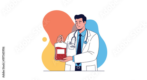 Medical professional in a white coat and stethoscope holds a bag of blood for transfusion during a donor clinic session.