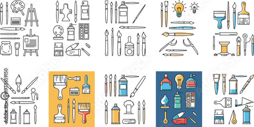 Professional Art Supplies Icon Set Featuring Paint Brushes Easels Spray Cans Palettes And Creative Studio Equipment For Fine Arts And Graphic Design