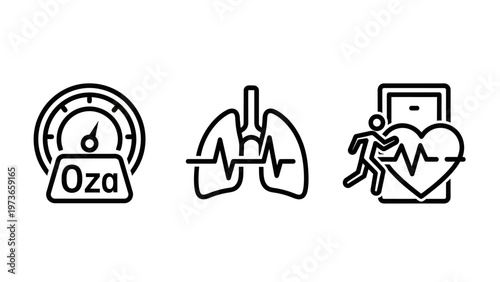 Medical and health icons featuring oxygen gauge pulmonary lungs and heart rate fitness tracking