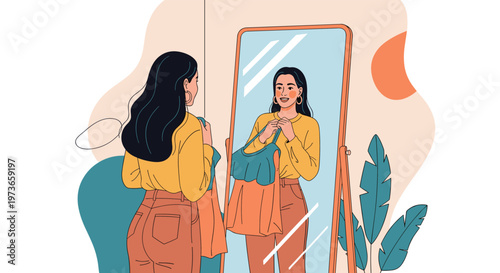 Young woman smiles while looking at her reflection in a large floor mirror while trying on a new stylish yellow outfit.