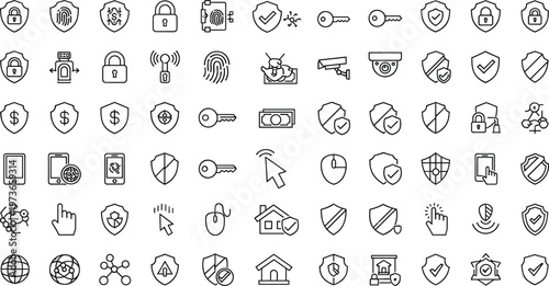 Professional Network Security Icon Set Featuring Digital Privacy Shields Biometric Fingerprint Data Protection Financial Safety and Smart Home Surveillance
