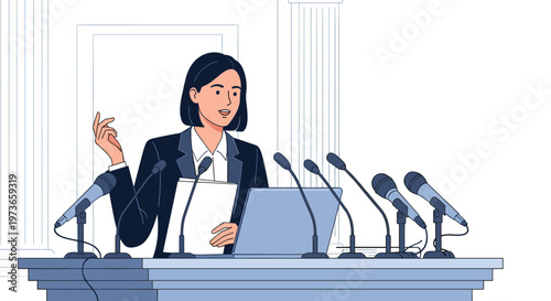 Confident female spokesperson delivers a formal speech at a podium equipped with multiple microphones during a press event.