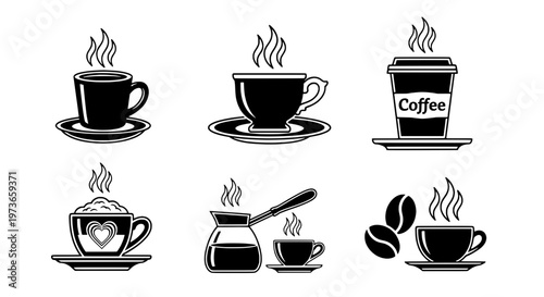 Cups coffee icons with steam rising in black line art on white background set featuring beverage, illustration, graphic design with vector graphics