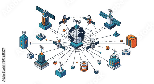 Global Satellite Network Communication System Technology Illustration.