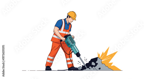 Construction worker in high-visibility safety gear uses a heavy-duty jackhammer to break through a pile of hard rock debris.