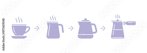 How to brew homemade coffee with a milk frother. Silhouette instructions for cappuccino, latte, or macchiato. Outline icon of a handheld foam mixer. Flat vector illustration on a white background.