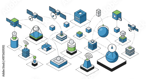 Network of interconnected digital technology devices and satellites.