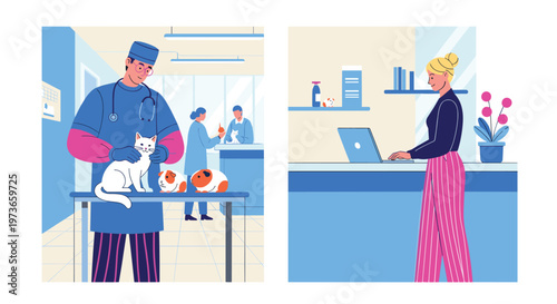 Professional veterinarian examines a white cat and guinea pigs while a receptionist works on a laptop in a modern clinic.