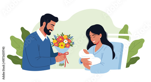 Proud father presents a large bouquet of colorful flowers to his wife who is holding their newborn baby in a hospital bed.
