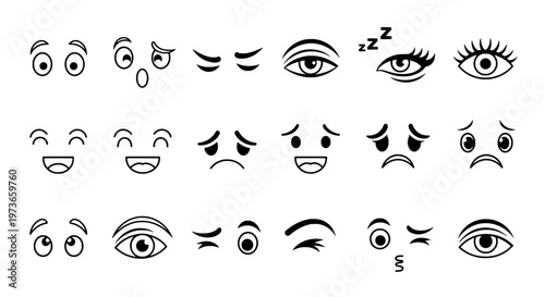 Eyes emoticon set with various expressions and winking faces in black outline featuring smiling, sad, sleepy with surprised and angry elements for