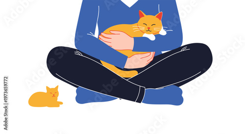 Peaceful person sits cross-legged on the floor while warmly hugging an orange tabby cat with a small kitten nearby.