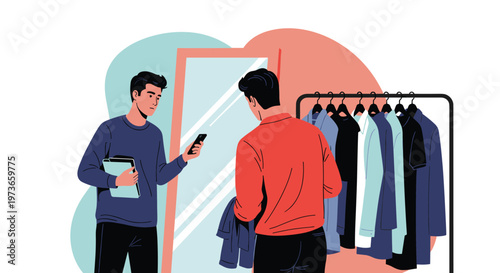 Young man looks thoughtfully at himself in a mirror while holding a tablet and standing next to a rack of various shirts.