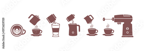 Steps for making homemade coffee with a milk frother. Instructions for cappuccino, latte, or macchiato silhouettes. Outline icon of a handheld foam mixer. Flat vector illustration against a white bg