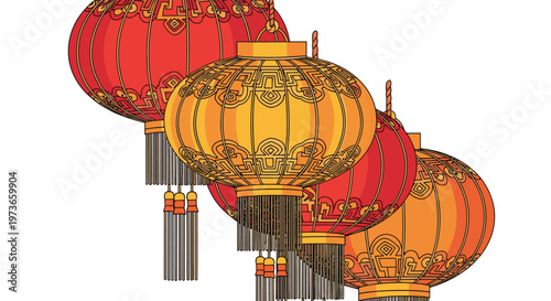 Group of vibrant red and gold traditional Chinese lanterns with golden patterns and tassels for a festive celebration.