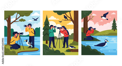 Group of nature enthusiasts uses binoculars and professional cameras to observe wild birds in their natural habitats.