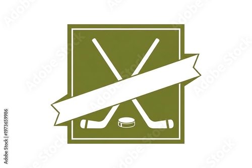 Classic Ice Hockey Emblem Design with Crossed Sticks Puck and Blank Banner for Custom Text White Background