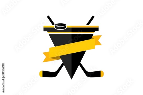Dynamic Ice Hockey Emblem with Crossed Sticks Puck and Yellow Ribbon Design Isolated on White Background