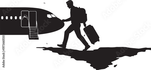 Silhouette of a traveler with a backpack and suitcase walking towards an airplane, representing travel and tourism concept