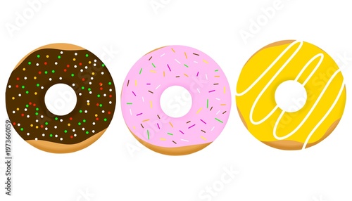 Valokuva Three Donuts Arrangement Assorted Glaze Isolated on White