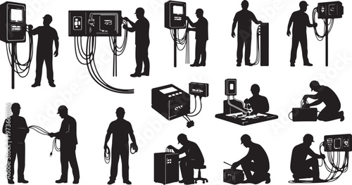 Silhouette of a man working with various electrical equipment