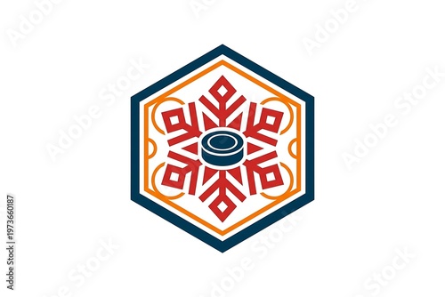Stylized Hockey Puck and Snowflake Design within a Hexagonal Frame Representing Winter Sports and Ice Games White Background