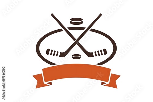 Dynamic Ice Hockey Sports Emblem Featuring Crossed Sticks Pucks and Customizable Banner Design on Clean White Background