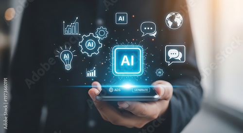 Person holding smartphone with AI and symbols on screen artificial intelligence machine learning