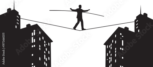 Silhouette of a businessman walking on a tightrope between two skyscrapers, representing risk, balance, and business challenge