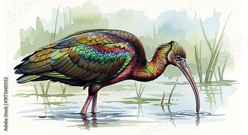 Vibrant ibis wading through shallow marsh waters