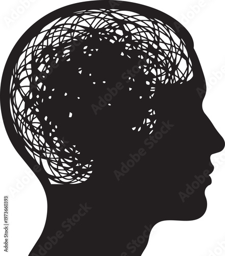 Silhouette of a human head with a tangled chaotic scribble inside representing mental health issues, stress, or confusion
