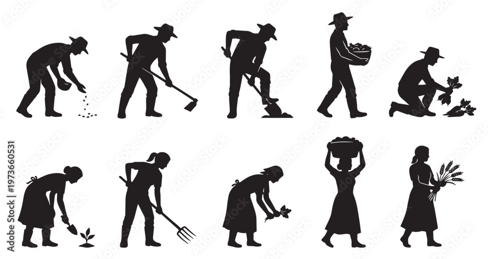 Fototapeta premium Farmers Working Field Silhouettes Set Pack. Editable Vector Stroke Illustration. featuring agriculture, farming, farmer, gardener, planting, seeding, cultivating, harvesting, rural more silhouettes.