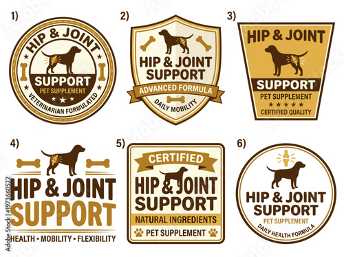 Pet health certification emblems for hip and joint support, canine mobility supplement vector icons.