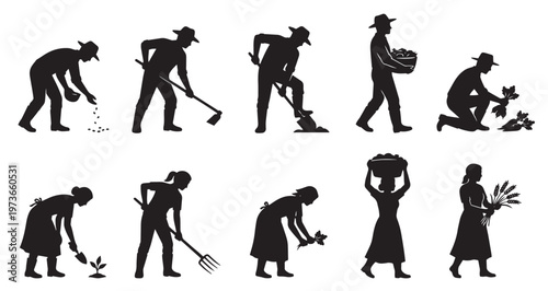 Farmers Working Field Silhouettes Set Pack. Editable Vector Stroke Illustration. featuring agriculture, farming, farmer, gardener, planting, seeding, cultivating, harvesting, rural more silhouettes.