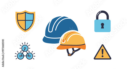 Gemini said

Vector illustration of a set of protection shields and safety equipment icons featuring a construction hardhat and worker head protection symbols for industrial design