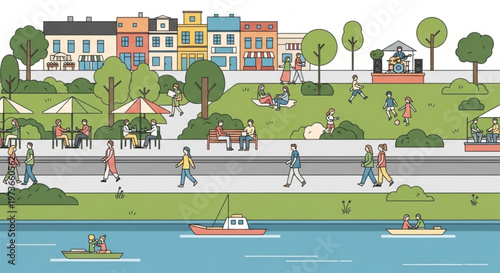 Urban Green: A lively urban scene unfolds with a vibrant park bustling with people, juxtaposed against a row of colorful buildings, with a tranquil river flowing below.