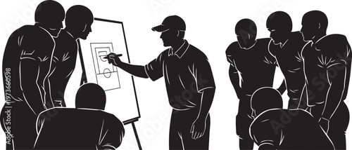 Silhouette of a coach drawing a football play on a whiteboard for his team