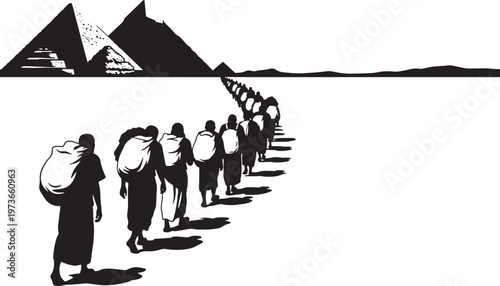 Exodus from egypt silhouette showing people carrying sacks walking away from pyramids in desert landscape representing jewish passover story journey