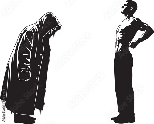 Silhouette of a hooded figure bowing before a shirtless muscular man standing tall