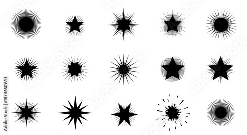 Splash vector set with black burst effects and dynamic radial lines on white background featuring explosion, graphic, illustration with abstract and