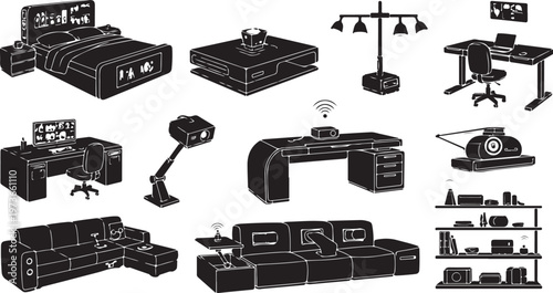 Furniture and home office equipment in black and white