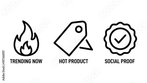 Trending now, hot product, and social proof icons, e commerce