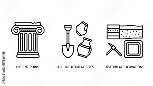 Icons related to archaeology and history: classical column, archaeological tools with pottery, and historical layers of earth