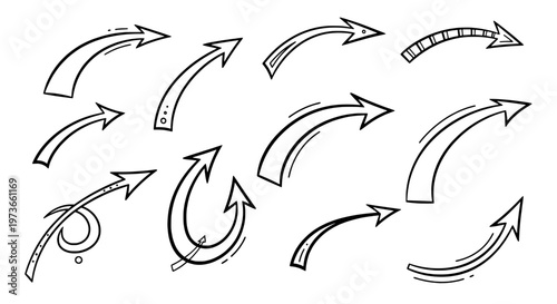 Arrows hand drawn set with black curved lines and pointed tips in various directions featuring direction, movement, icons with graphics and vector