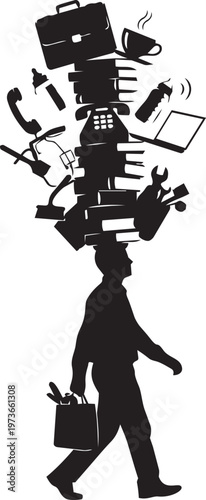 Silhouette of a businessman walking while balancing a large stack of office equipment, tools, and personal items on his head